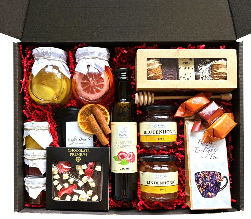 Exklusive Geschenkbox für jeden Anlass – Genuss, Eleganz und Natur pur Geschenkkorb, Geschenk, Honig, Tee, Kaffee, Premium-Schokolade Für Mama Papa Oma Opa Lehrer zum Geburtstag Muttertag