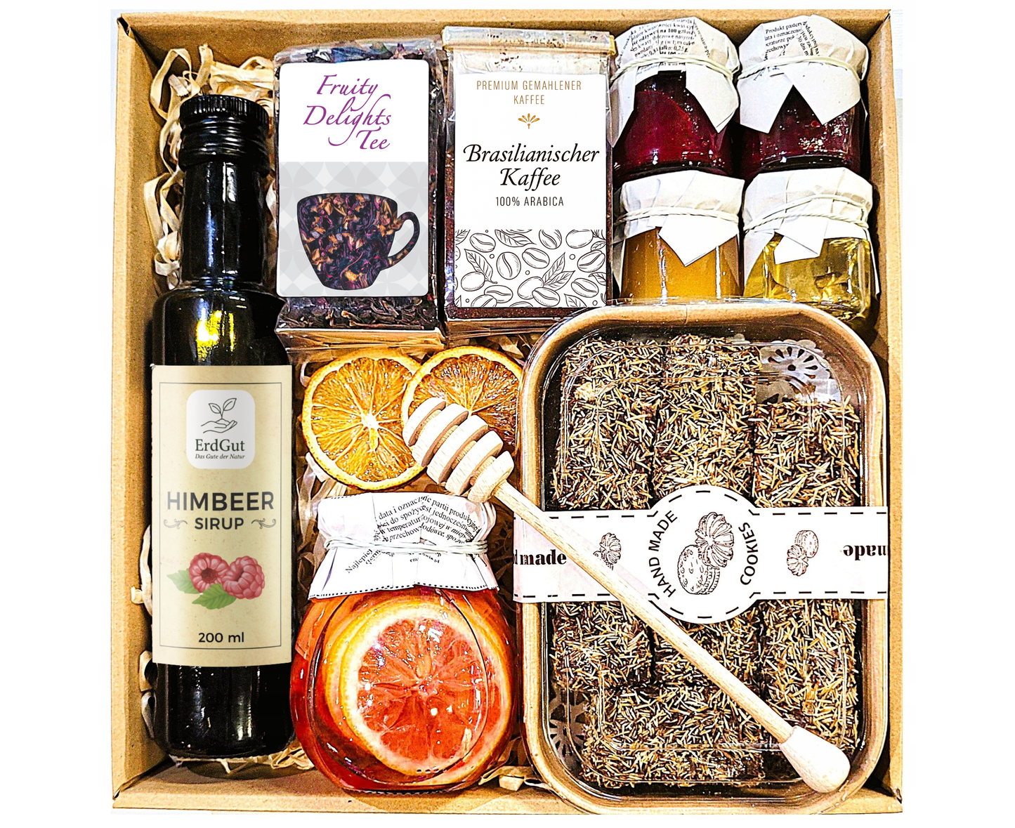 GESCHENKKORB, GESCHENK, MITBRINGSTRAGER, TEE, KAFFEE, HONIG, SIRUP, KATAIFI, HIMBEERE