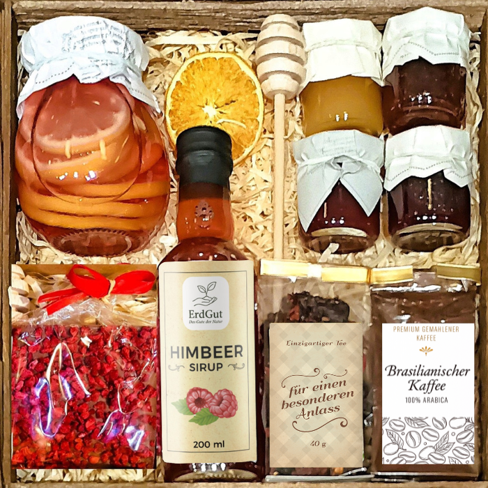GESCHENKKORB GESCHENK TEE HONIG SCHOKOLADE SIRUP HIMBEERE KAFFEE