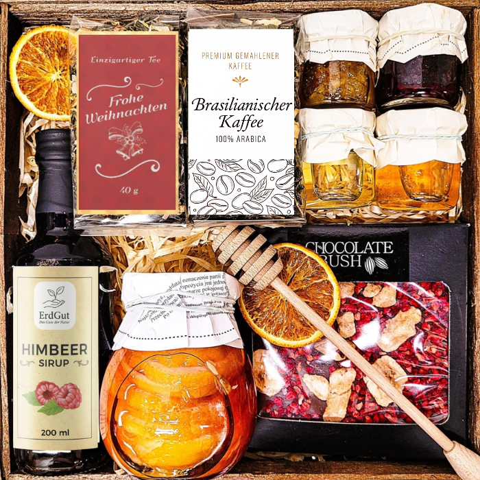 GESCHENKKORB GESCHENK ZU WEIHNACHTEN HONIG TEE KAFFEE KONFITÜRE SCHOKOLADE