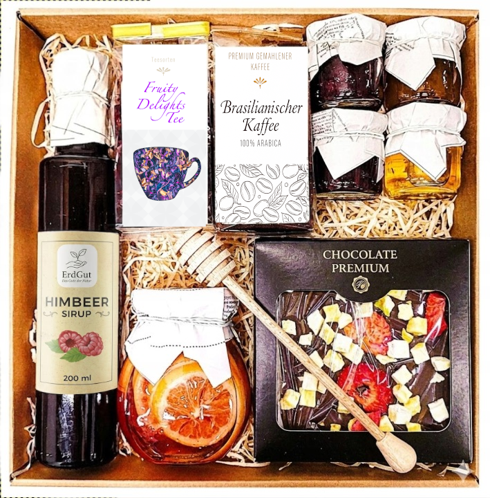 Geschenkkorb Geschenkset Präsent Tee Honig Schokolade Sirup Zitrone Kaffee