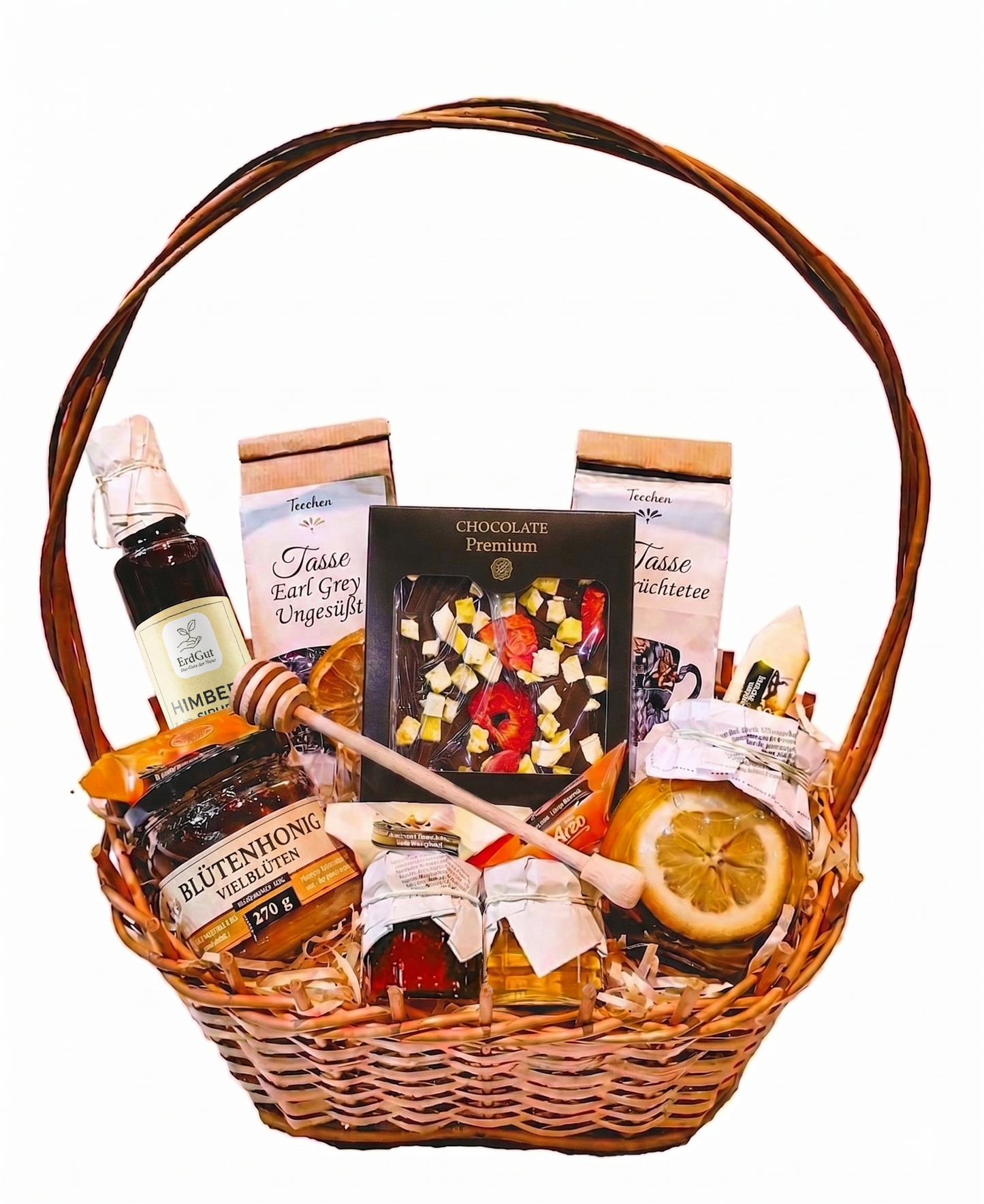 Mega gesunder Geschenkkorb Geschenk– Honig, Leckereien, Tee, Schokolade, Sirup, Zitrone zum Muttertag, Geburtstag für Mama Oma Opa Lehrer