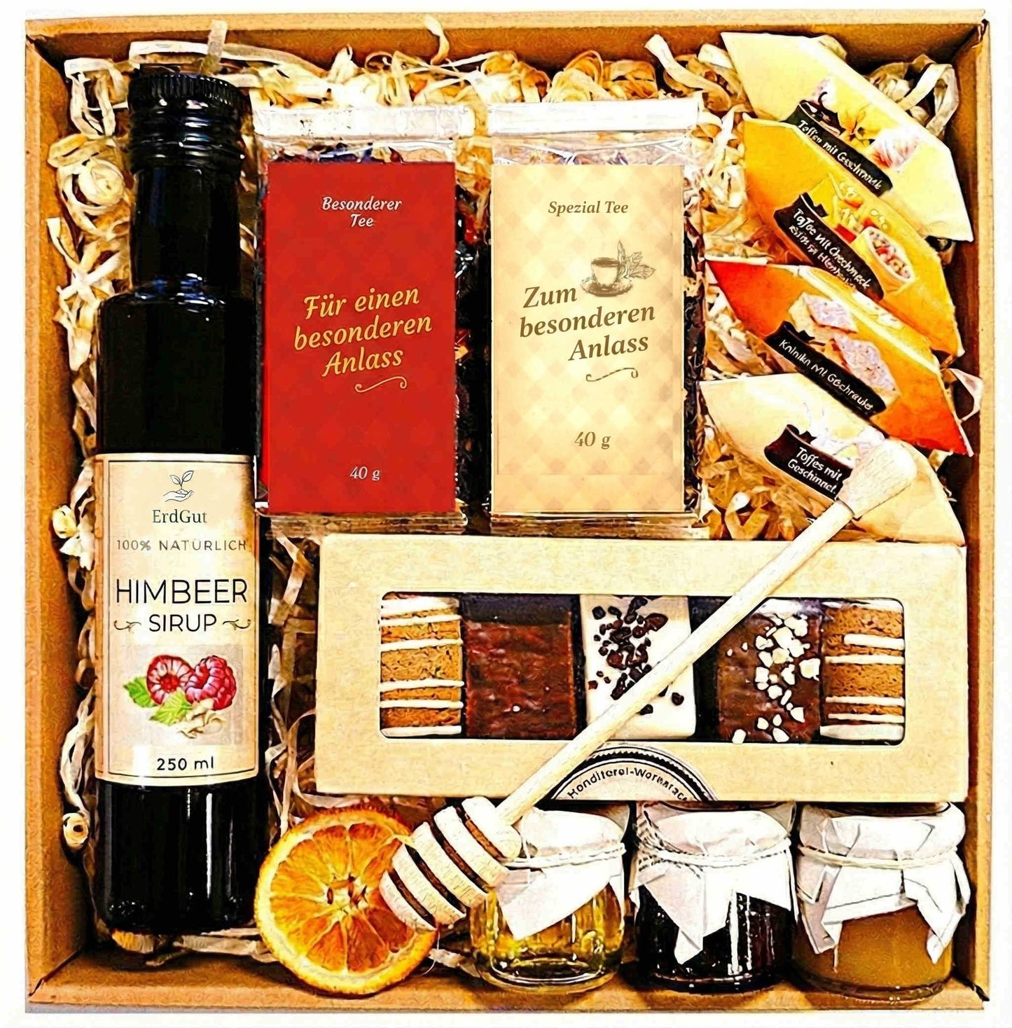 Geschenkkorb, Geschenk, Honig, Tee, Karamellbonbons, zu Weihnachten, zum Geburtstag
