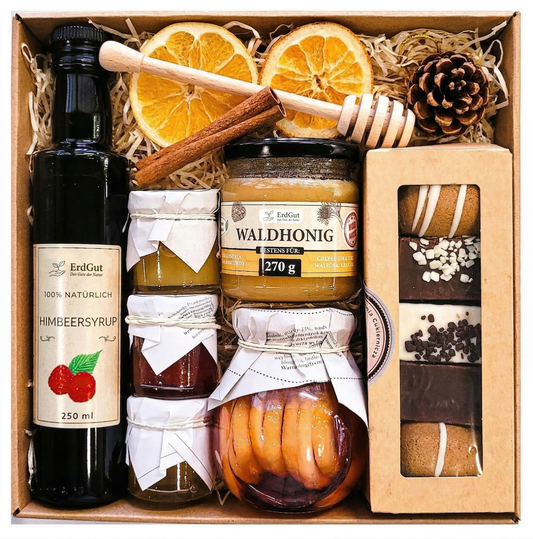 Geschenkkorb Geschenkpräsent Lebkuchen Honig Himbeersirup Zitrone Himbeere
