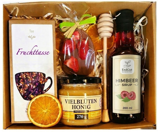 Geschenkkorb zu Ostern: Ostergeschenk mit Tee, Honig & Schokoladen Osterei