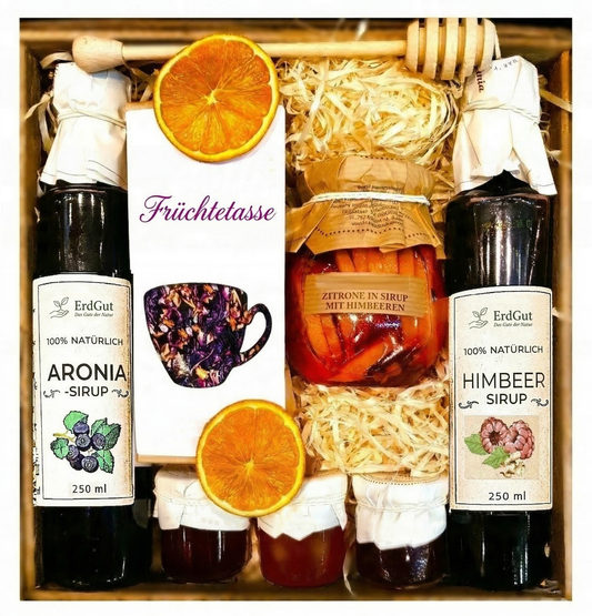 Geschenkkorb Geschenkpräsent Lebkuchen Honig Himbeersirup Zitronen