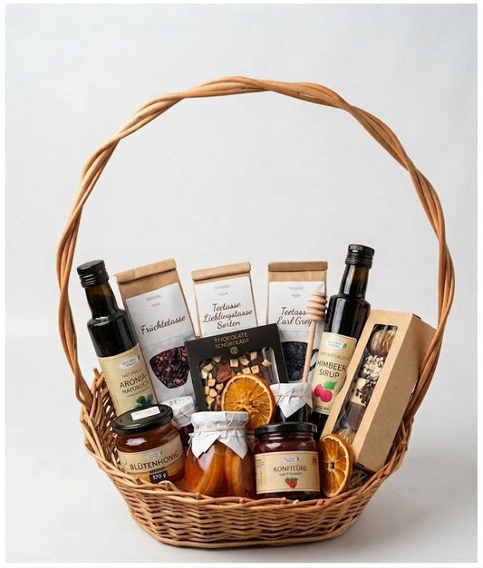 GESCHENKKORB BLÜTENHONIG TEE KONFITÜRE SIRUP WEIHNACHTEN OSTERN