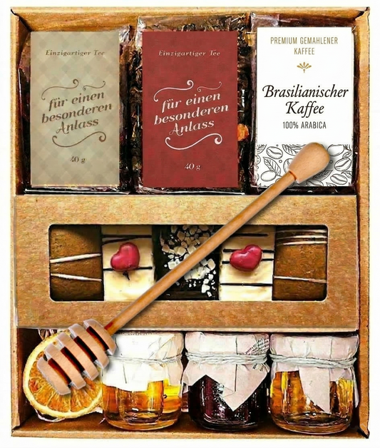 Tee-Geschenkset: 2 hochwertige Teesorten, Kaffee, Lebkuchen, Honig & Fruchtaufstrich