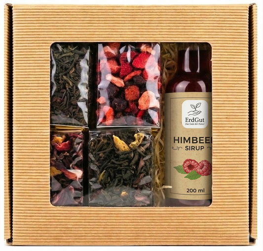 Tee-Geschenkset: 4 hochwertige Teesorten & Sirup im Präsentkorb