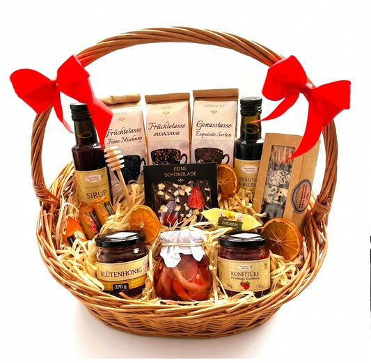 GESCHENKKORB GESCHENK BLÜTENHONIG TEE KONFITÜRE SCHOKOLADE WEIHNACHTEN OSTERN