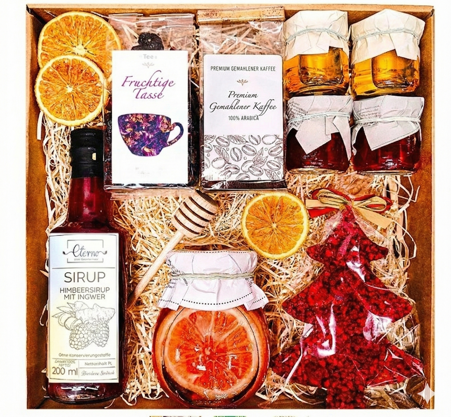 GESCHENKKORB GESCHENK HONIG TEE SIRUP WEIHNACHTSBAUM KAFFEE FÜR WEIHNACHTEN NIKOLAUS