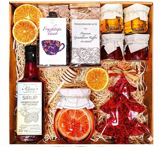 GESCHENKKORB GESCHENK HONIG TEE SIRUP WEIHNACHTSBAUM KAFFEE FÜR WEIHNACHTEN NIKOLAUS