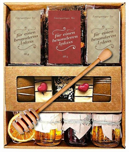 Tee-Geschenkset: 3 hochwertige Teesorten, Lebkuchen, Honig & Fruchtaufstrich