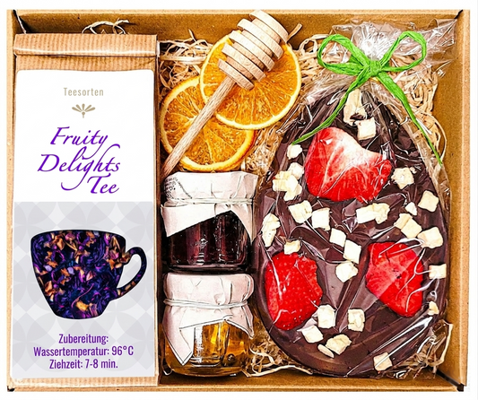 Oster-Geschenkkorb: Geschenkset zu Ostern mit Tee, Honig und Schokoladenei