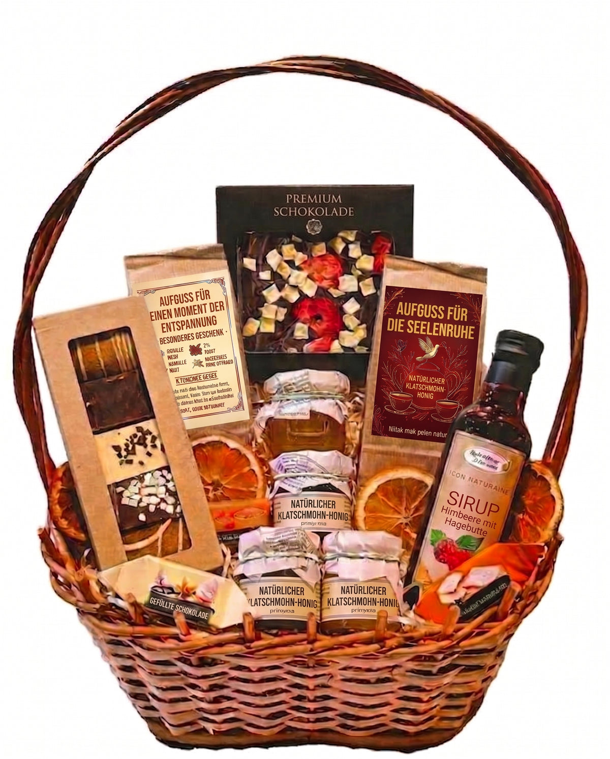 Mega-Präsentkorb – Honig, Delikatessen, Kräutertee, Schokolade und Sirup
