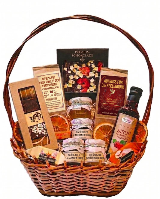 Mega-Präsentkorb – Honig, Delikatessen, Kräutertee, Schokolade und Sirup