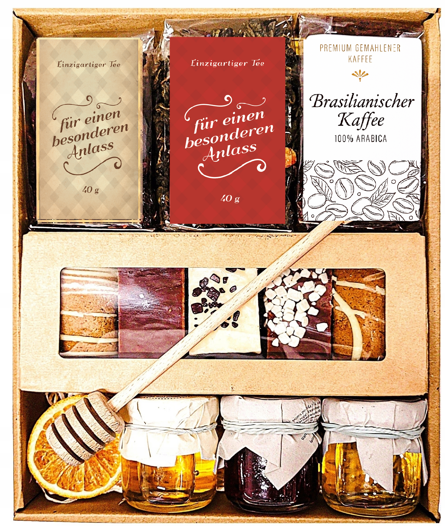 Geschenkkorb-Set mit Tee, Honig und Lebkuchenmarmelade