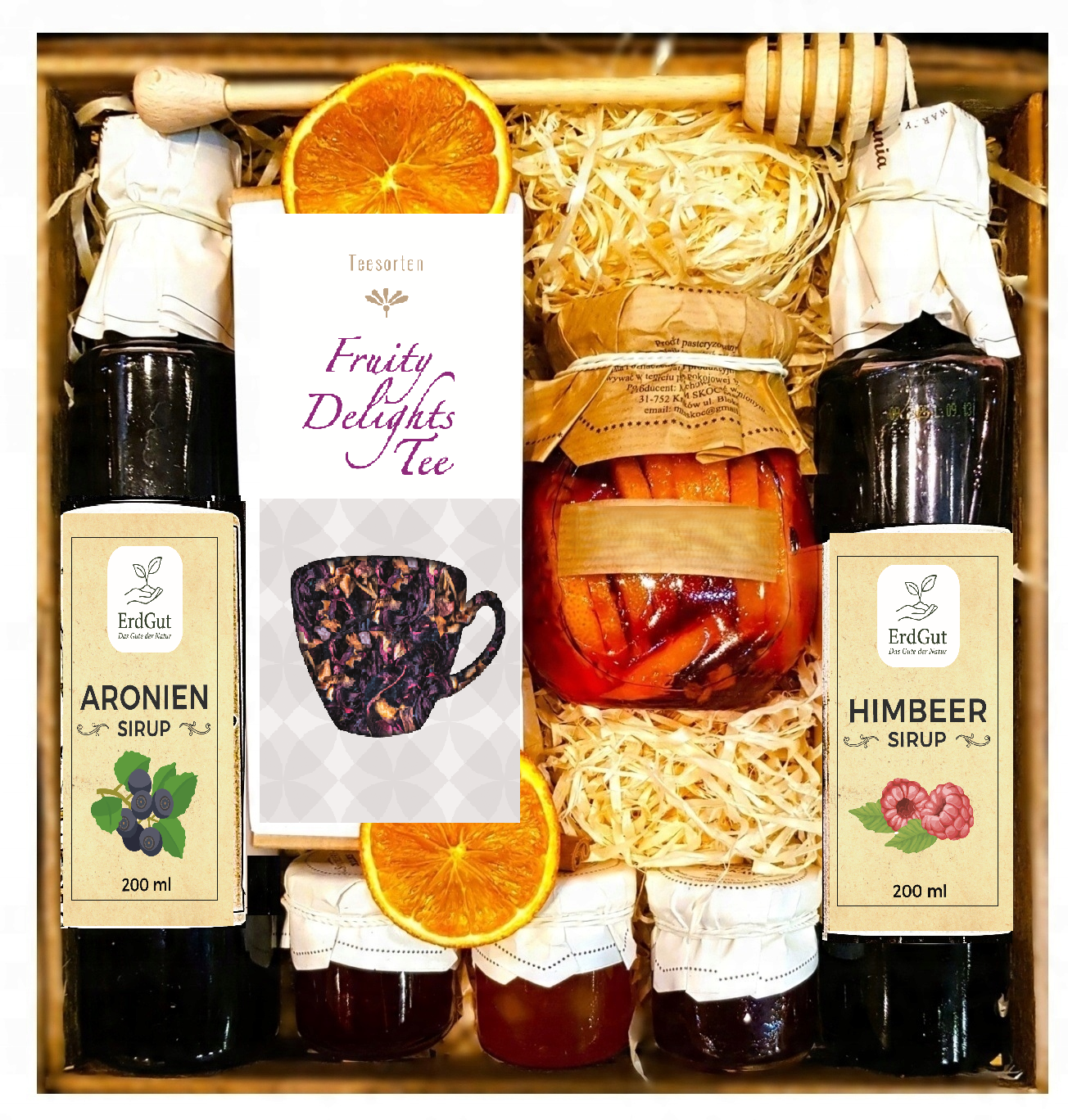 GESCHENKKORB GESCHENKT HONIGTEE HIMBEERE ZITRONENSIRUP HONIG