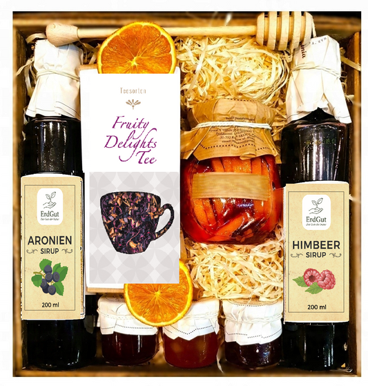 GESCHENKKORB GESCHENKT HONIGTEE HIMBEERE ZITRONENSIRUP HONIG