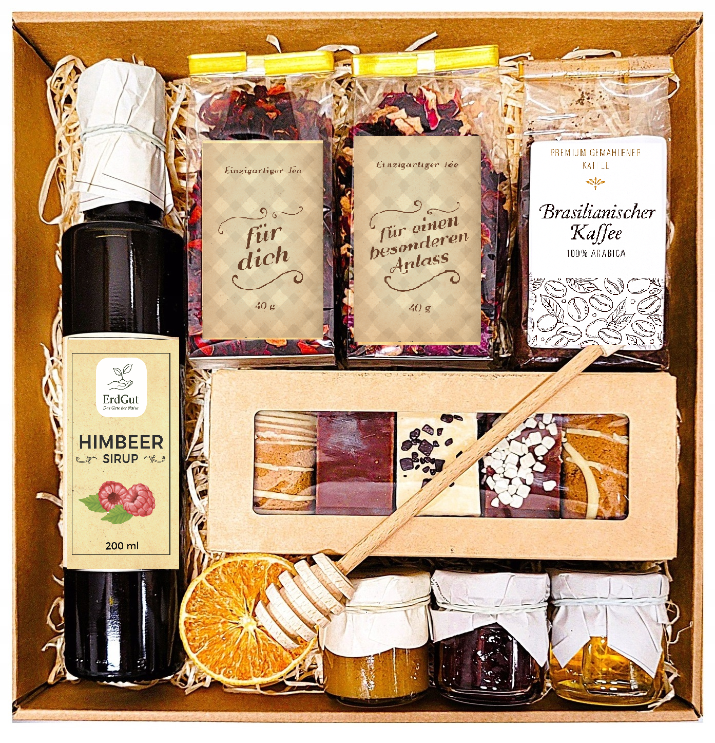 Geschenkkorb Geschenk Quelle Honig Lebkuchen Tee Kaffee Himbeersirup