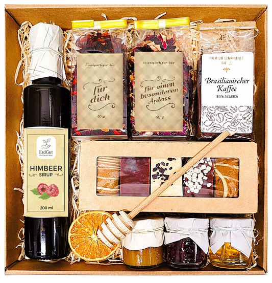 Geschenkkorb Geschenk Quelle Honig Lebkuchen Tee Kaffee Himbeersirup