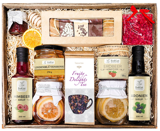 GROSSER GESCHENKKORB GESCHENK HONIG TEE KONFITÜRE SCHOKOLADE SIRUP