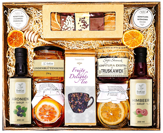 GROSSER GESCHENKKORB, GESCHENK, SOUVENIR, HONIG, TEE, DELIKATESSEN, LEIBKUCHEN