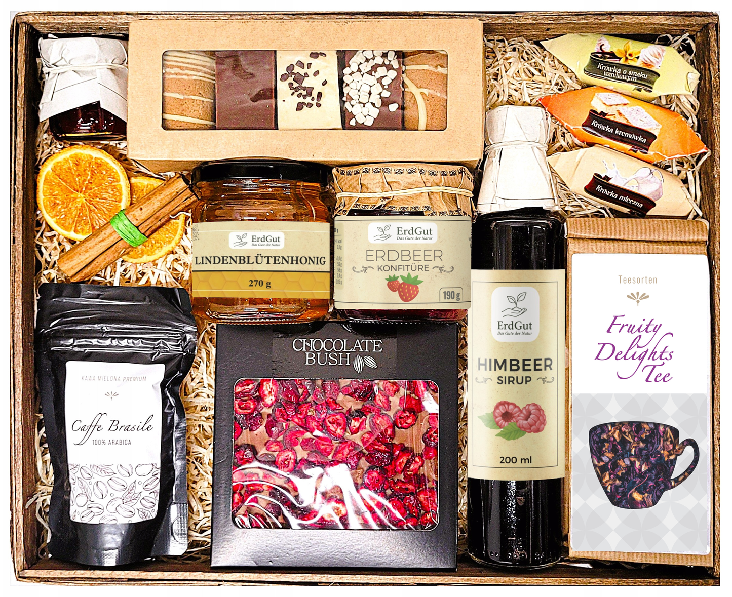 GROSSER GESCHENKKORB, GESCHENK, MITBRINGSTRAG, HONIG, TEE, KAFFEE, SCHOKOLADE, DELIKATESSEN