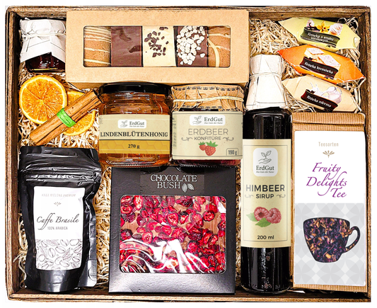 GROSSER GESCHENKKORB, GESCHENK, MITBRINGSTRAG, HONIG, TEE, KAFFEE, SCHOKOLADE, DELIKATESSEN