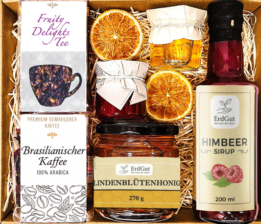GESCHENKKORB GESCHENK KAFFEE TEE HIMBEERSIRUP ZUM GEBURTSTAG
