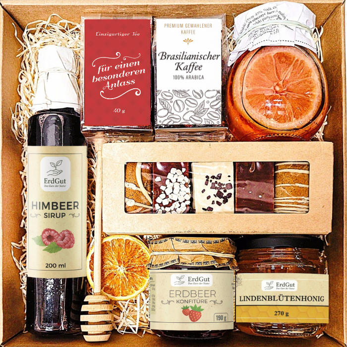 GESCHENKKORB GESCHENK TEE HONIG GINGERBREAD HIMBEERSIRUP ZITRONE