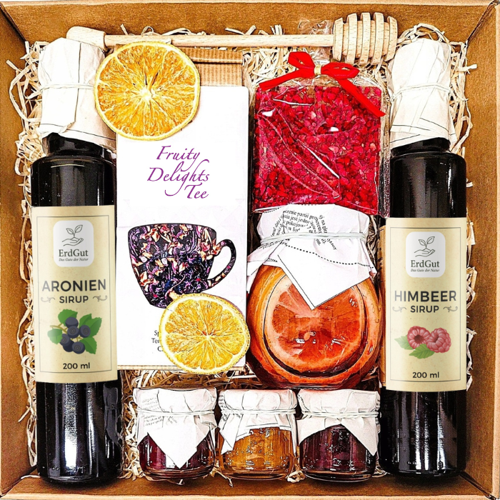 GESCHENKKORB GESCHENK TEE HONIG SIRUP HIMBEERE SCHOKOLADE
