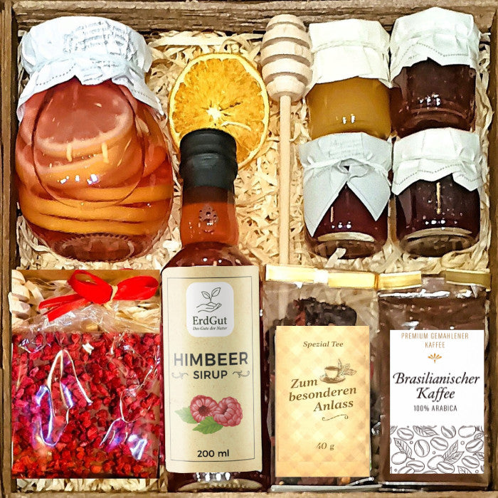 Geschenkkorb, Geschenk, Tee, Honig, Schokolade, Sirup, Himbeere, Kaffee