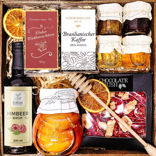 GESCHENKKORB GESCHENK ZU WEIHNACHTEN HONIG TEE KAFFEE KONFITÜRE SCHOKOLADE