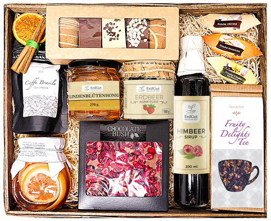 GROSSER GESCHENKKORB GESCHENK MITBRINGSTRAG HONIG SCHOKOLADE TEE KAFFEE DELIKATESSEN