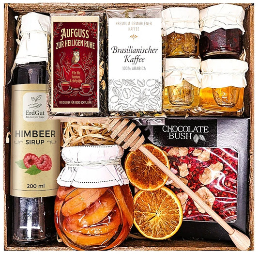 Geschenkkorb – Honig, Tee, Kaffee, Konfitüre, Schokolade