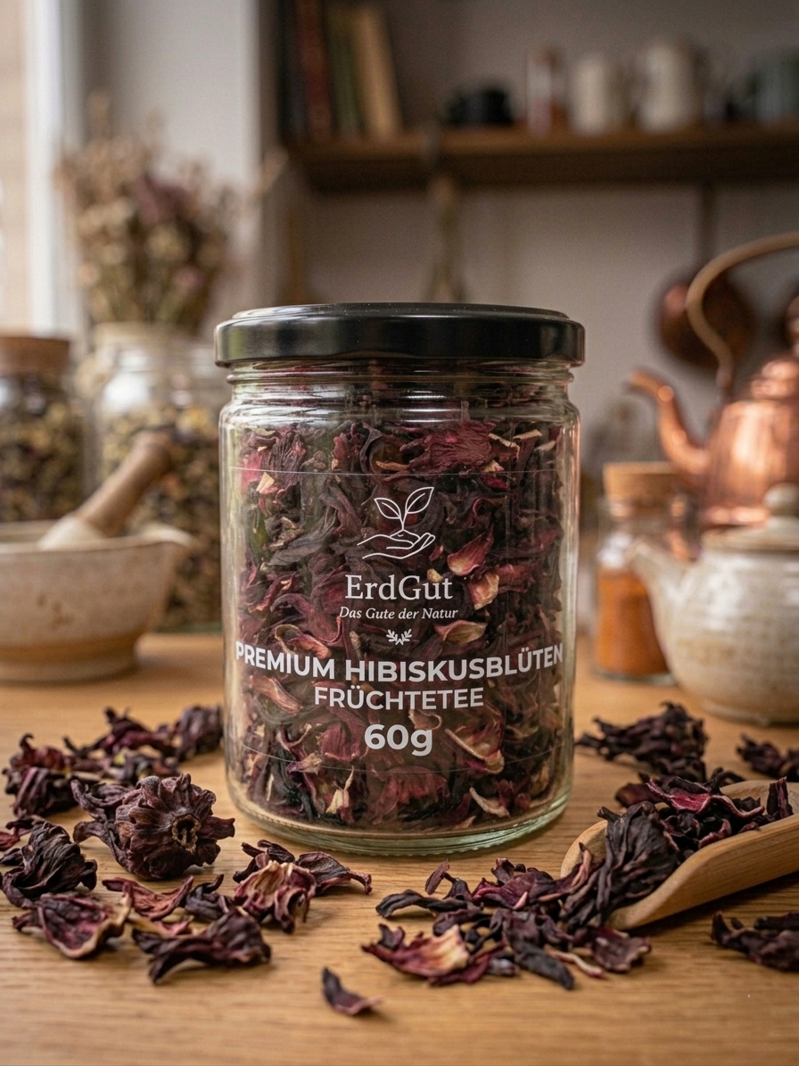 ErdGut Premium Hibiskusblüten | Reiner Früchtetee Natur pur im Glas (60g)