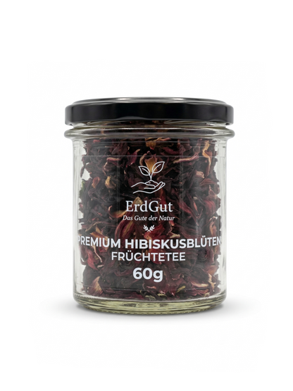 ErdGut Premium Hibiskusblüten | Reiner Früchtetee Natur pur im Glas (60g)