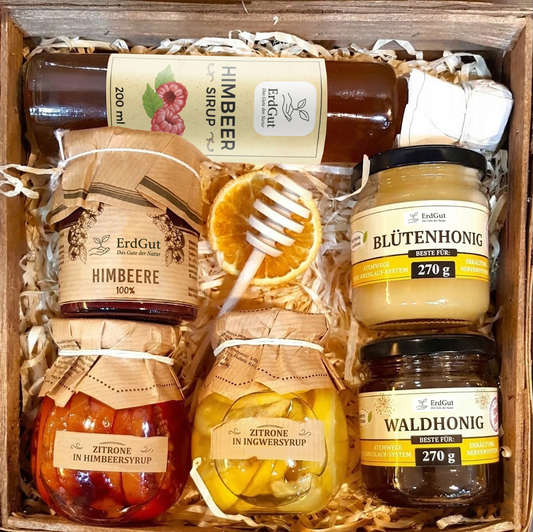 Geschenkkorb – Geschenkset mit Zitrone, Himbeere, Tee, Honig und Himbeersirup