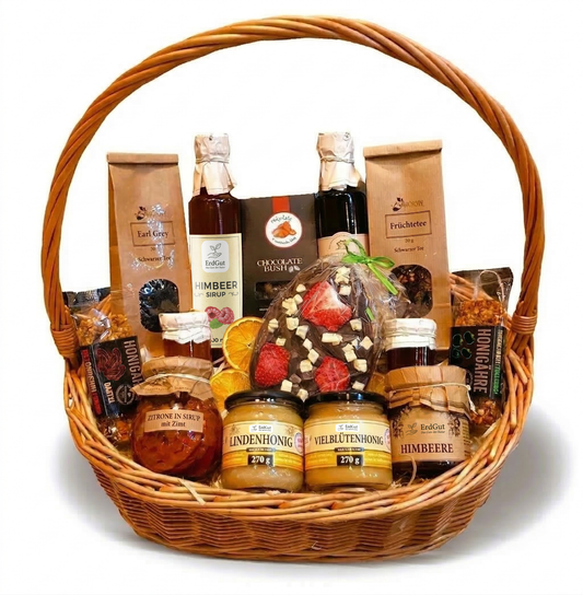 Mega Geschenkkorb – Geschenkset Oster-Genussset mit Honig, Leckereien, Tee und Osterei.