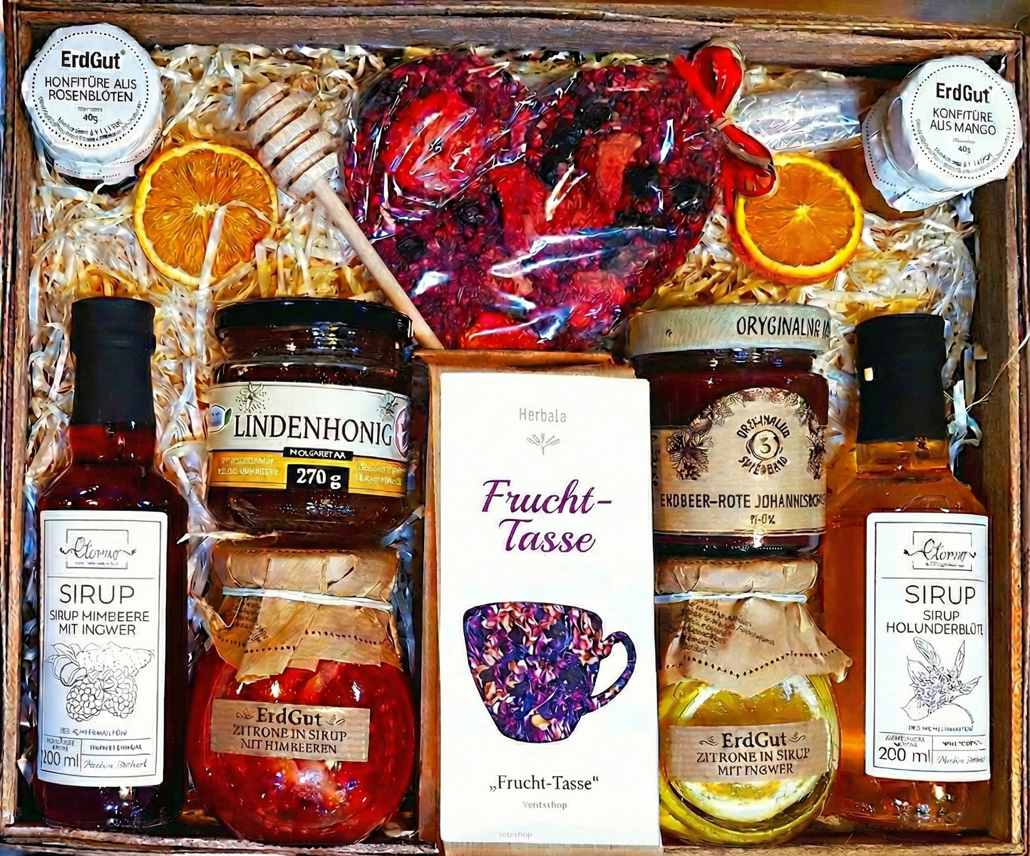 GESCHENKKORB GESCHENK HONIG TEE KONFITÜRE SCHOKOLADE SIRUP