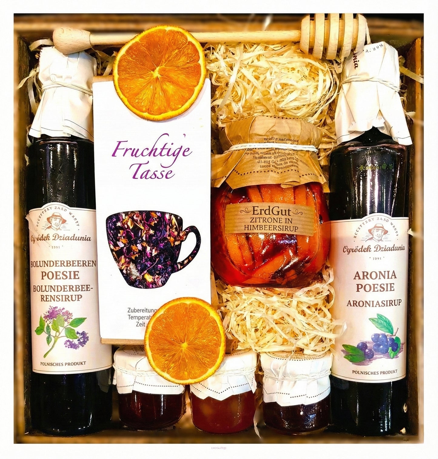 GESCHENKKORB GESCHENKT HONIGTEE HIMBEERE ZITRONENSIRUP HONIG