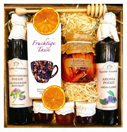 GESCHENKKORB GESCHENKT HONIGTEE HIMBEERE ZITRONENSIRUP HONIG